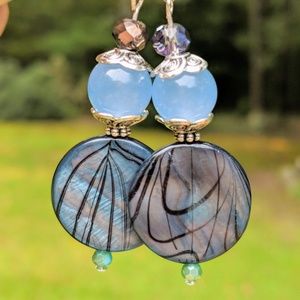 Round Shell bead and aquamarine bead earrings